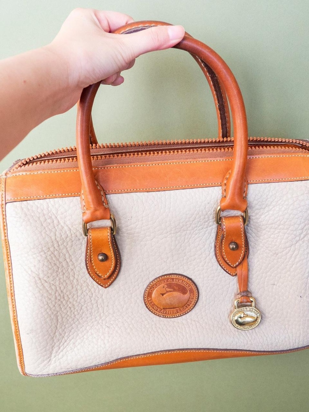 Dooney & Bourke White Pebble Leather Tote with Brown Trim and Gold Hardware